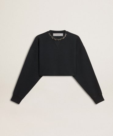 Women’s cropped cotton sweatshirt with crystals on the front