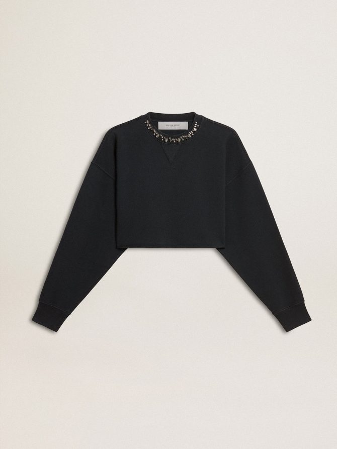 Women’s cropped cotton sweatshirt with crystals on the front