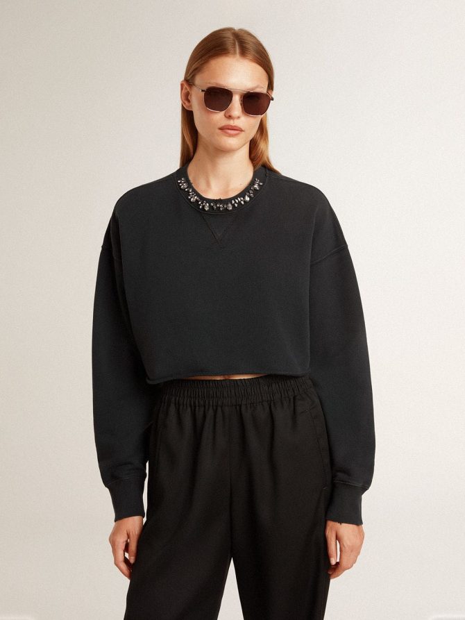 Women’s cropped cotton sweatshirt with crystals on the front - Image 2