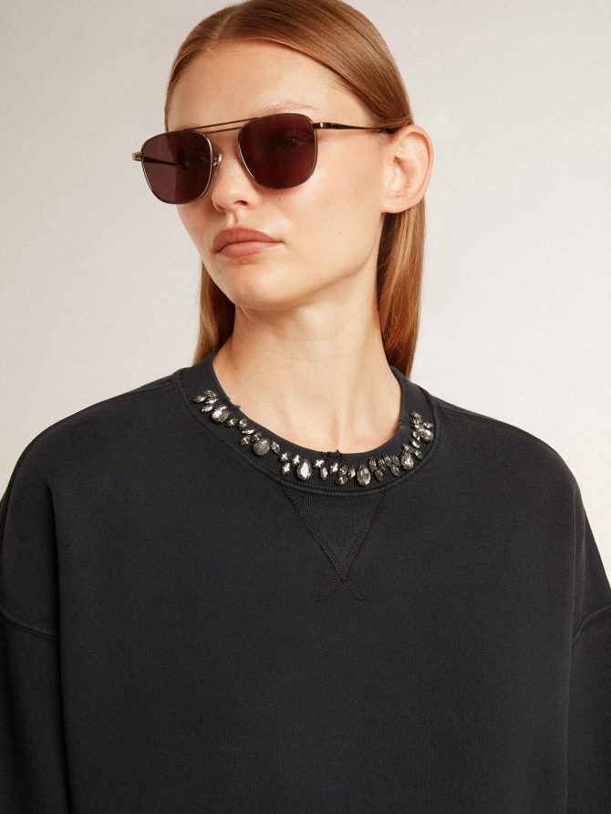 Women’s cropped cotton sweatshirt with crystals on the front - Image 5