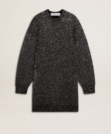 Women’s black crew neck dress with all-over silver sequins