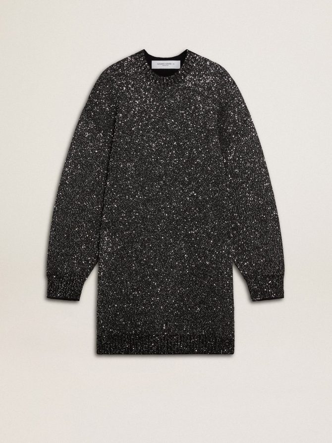 Women’s black crew neck dress with all-over silver sequins