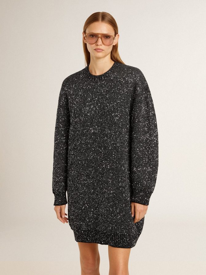 Women’s black crew neck dress with all-over silver sequins - Image 2