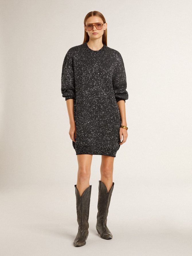 Women’s black crew neck dress with all-over silver sequins - Image 3