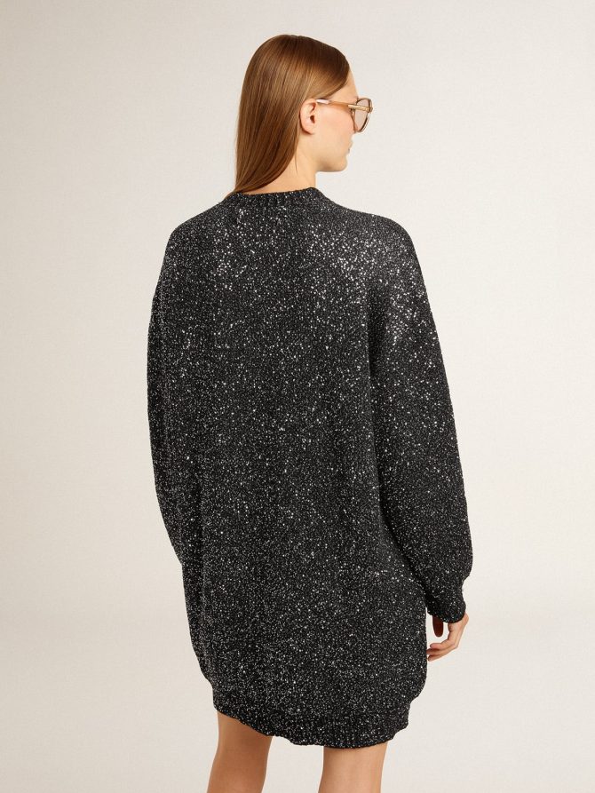 Women’s black crew neck dress with all-over silver sequins - Image 4