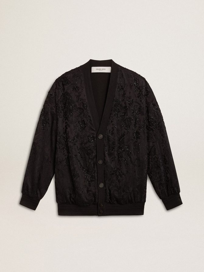 Women’s black cardigan with tone-on-tone toile de jouy bead embroidery