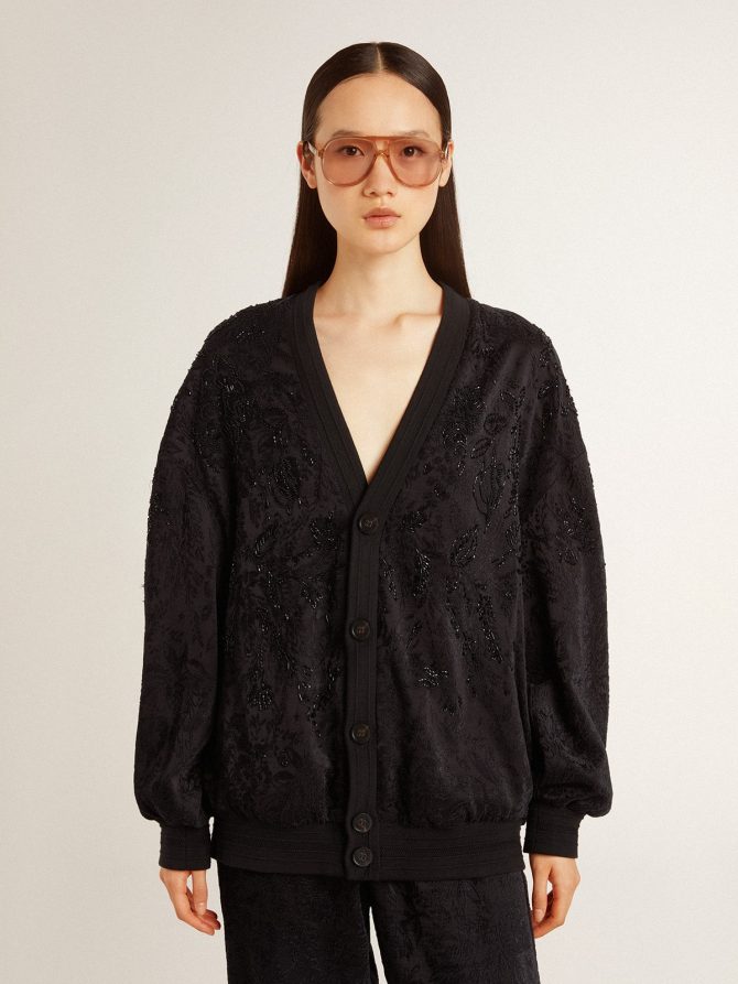 Women’s black cardigan with tone-on-tone toile de jouy bead embroidery - Image 2