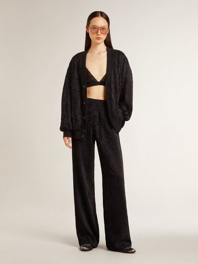 Women’s black cardigan with tone-on-tone toile de jouy bead embroidery - Image 3