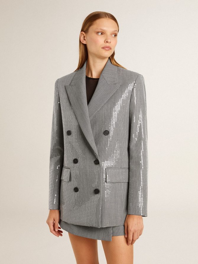 Double-breasted wool boyfriend jacket in micro houndstooth and sequins - Image 2