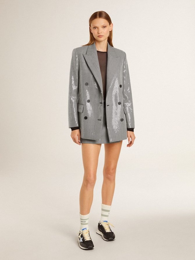 Double-breasted wool boyfriend jacket in micro houndstooth and sequins - Image 3