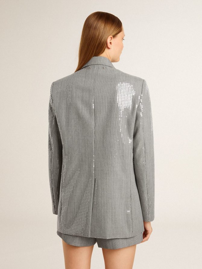 Double-breasted wool boyfriend jacket in micro houndstooth and sequins - Image 4