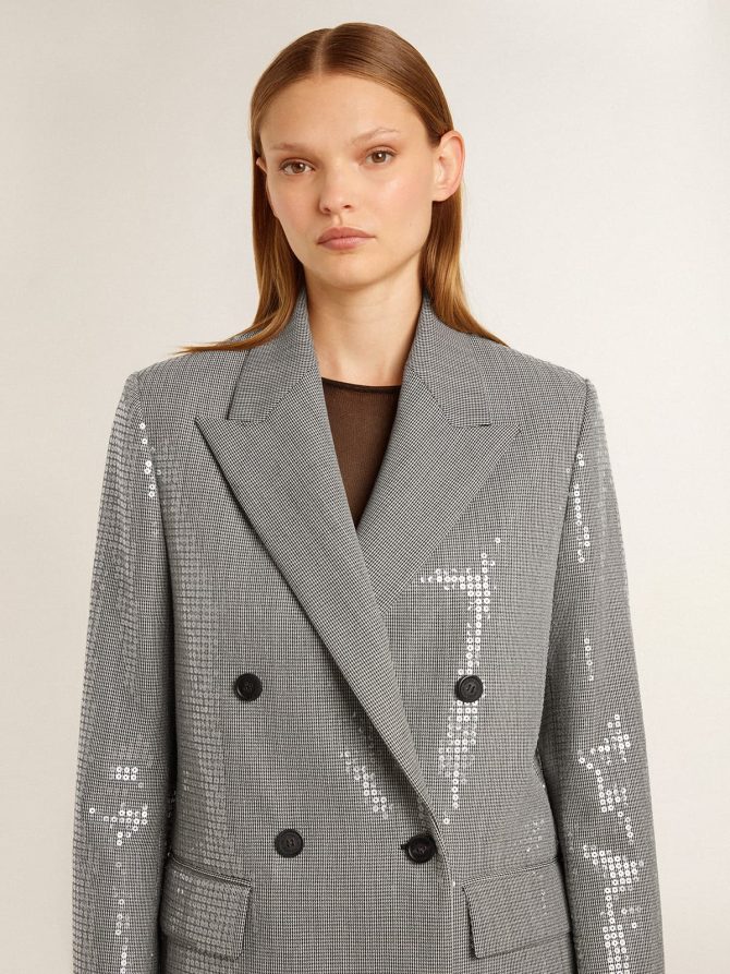 Double-breasted wool boyfriend jacket in micro houndstooth and sequins - Image 5