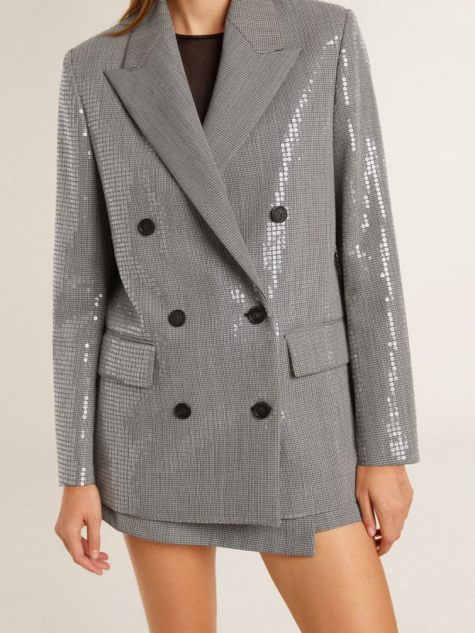 Double-breasted wool boyfriend jacket in micro houndstooth and sequins - Image 6