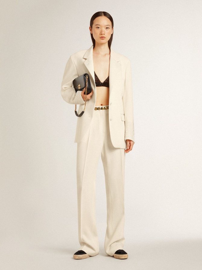 Women’s loose pants in worn-white tailored fabric - Image 3