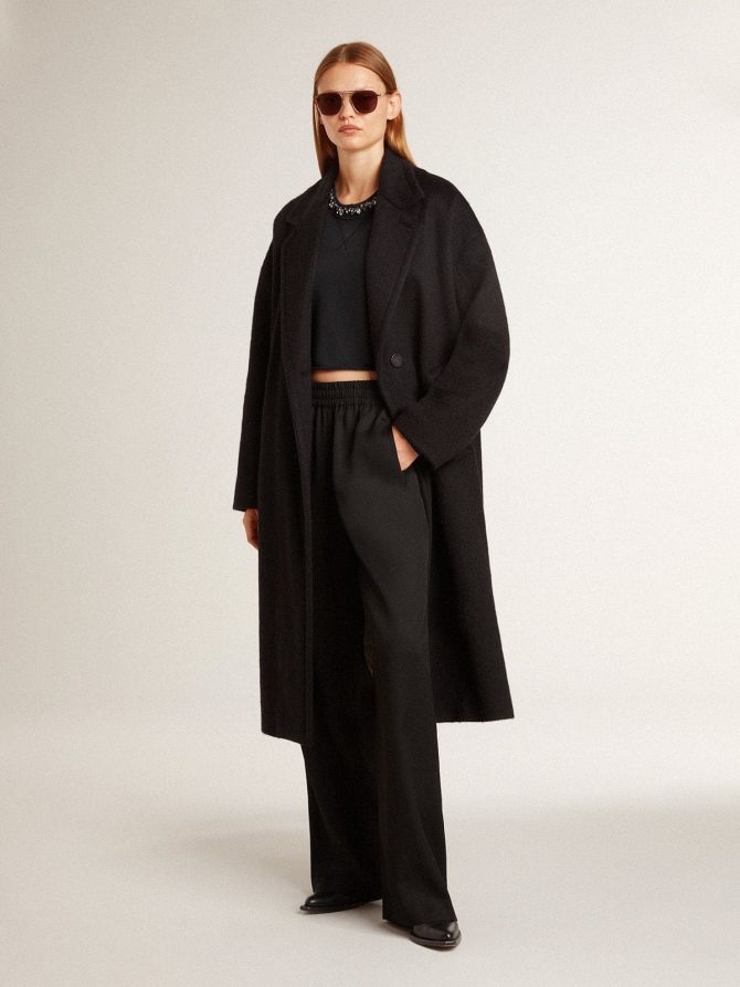 Women’s single-breasted black cocoon coat - Image 2
