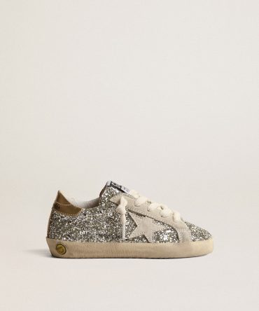 Super-Star Young in glitter with a suede star and gold heel tab