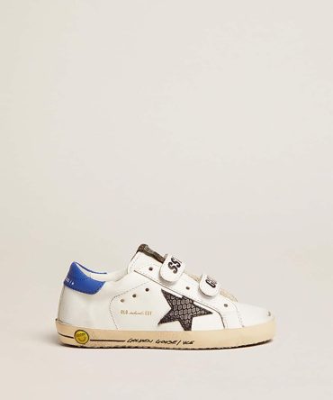 Young Old School with black snake print leather star and blue heel
