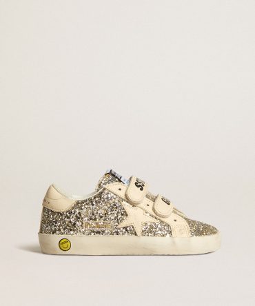 Old School Young in platinum glitter with leather star and heel tab