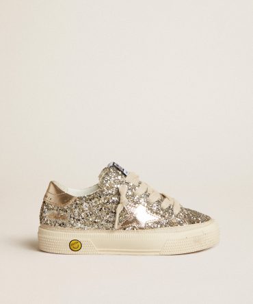 May Young in platinum glitter with metallic leather star and heel tab