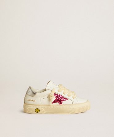 May Young with fuchsia glitter star and metallic leather heel tab