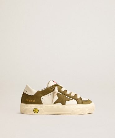 May Young in white and military green leather